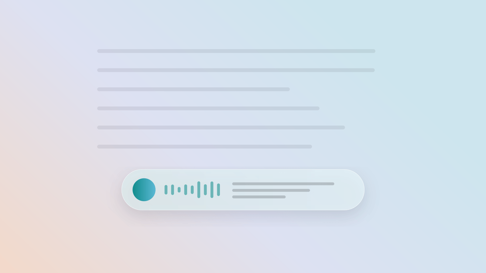 The Glass Island, a rounded glass pill with a teal microphone and waveform, floating over faint lines of a note.