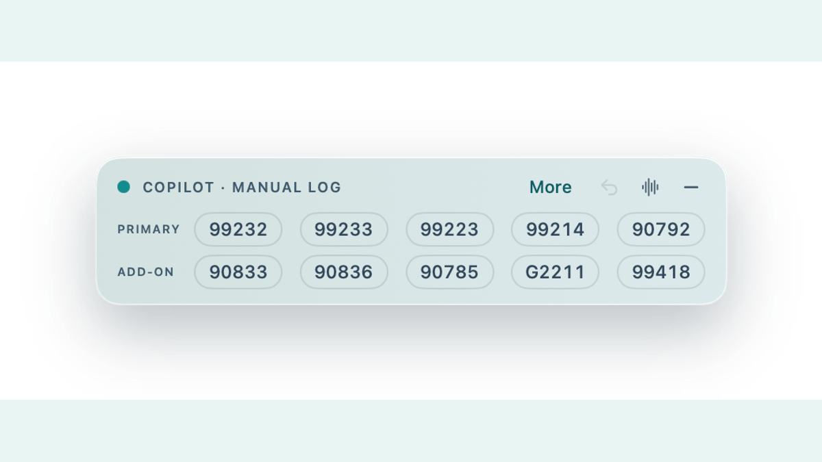 Chartside's Copilot manual log, a row of visit codes to tap when you finish a note.