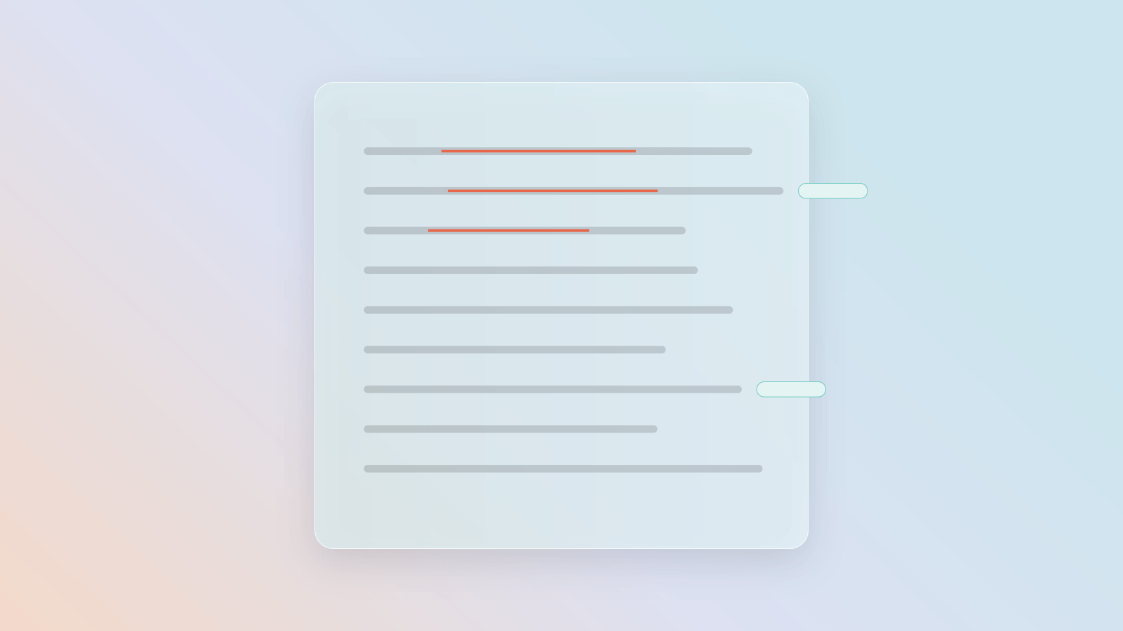 A frosted glass document with lines of text and two short orange strike marks, like a marked-up clause.