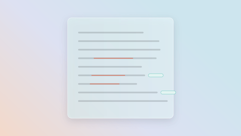 A glass document with a few lines struck through in orange.