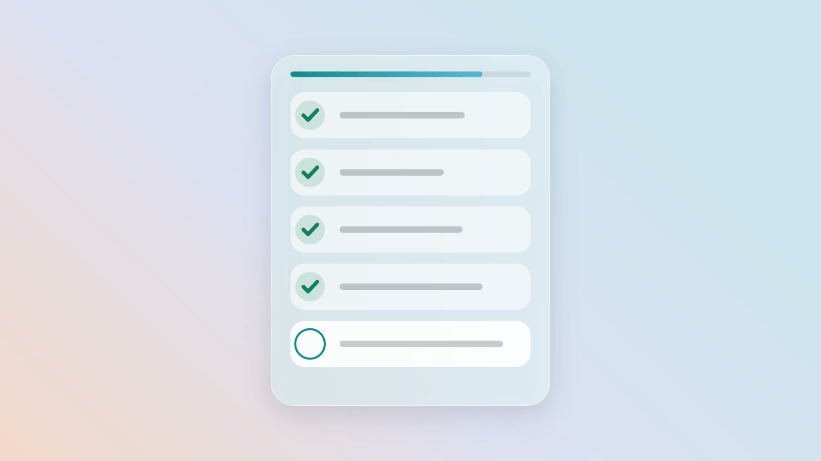 A frosted glass checklist with three rows checked in green and two still open, on a pastel wash.