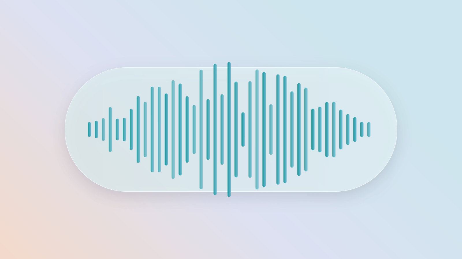 Teal waveform bars inside a rounded glass panel on a peach-to-sky wash.