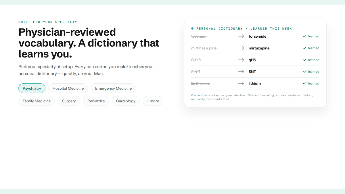 Chartside's physician-reviewed specialty vocabulary, a dictionary that learns your words.