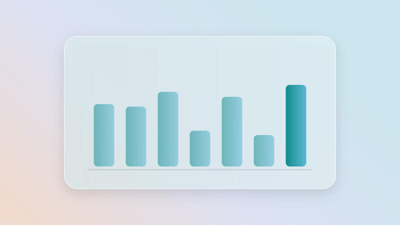 A small bar chart inside a glass card.
