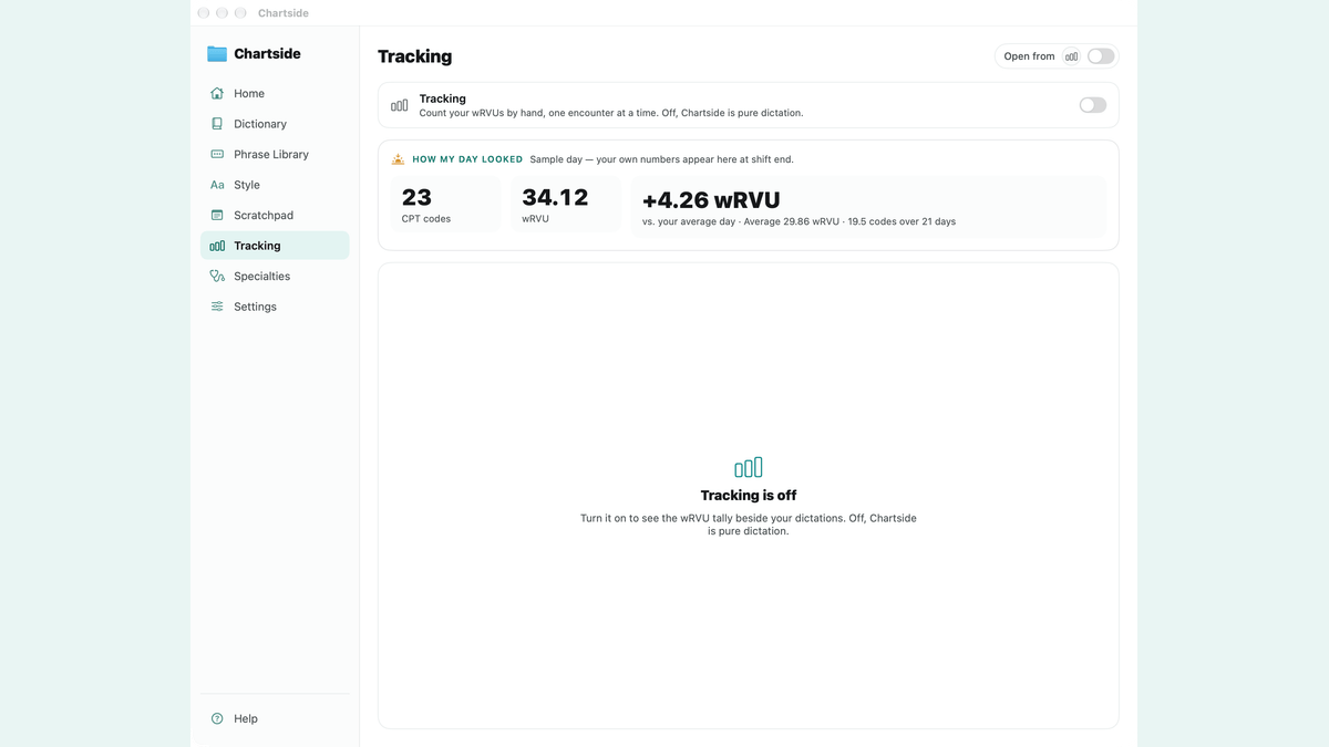 Chartside's Tracking pane at the end of a shift, showing the day's logged codes and wRVU total.